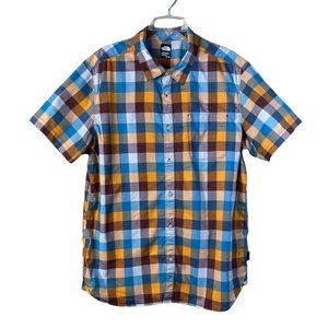 The North Face Button Up Shirt XL Men's Regular Short Sleeve Blue Yellow Plaid